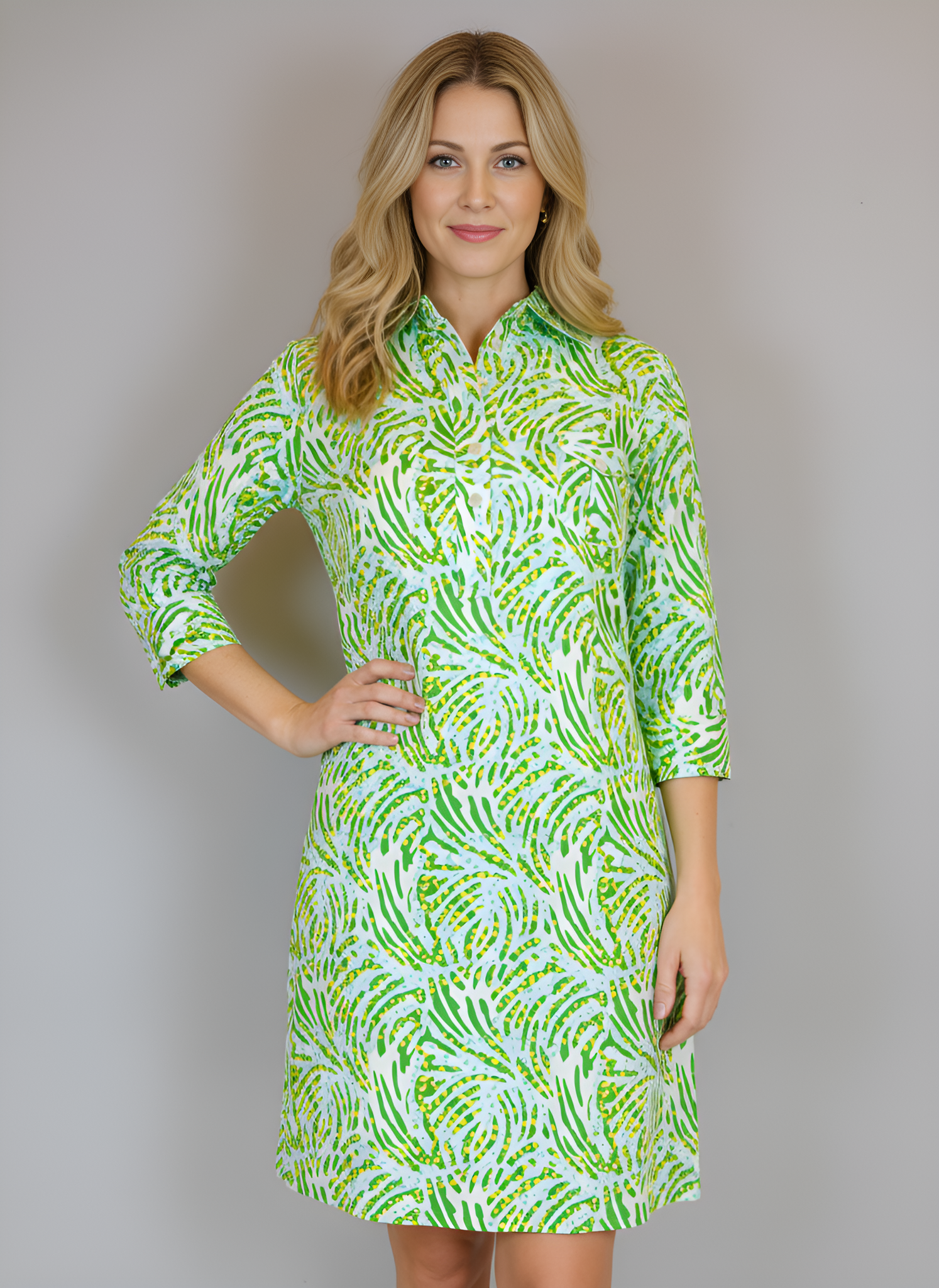 La Jolla Dress- Jungle Dot- White/Green/Yellow
