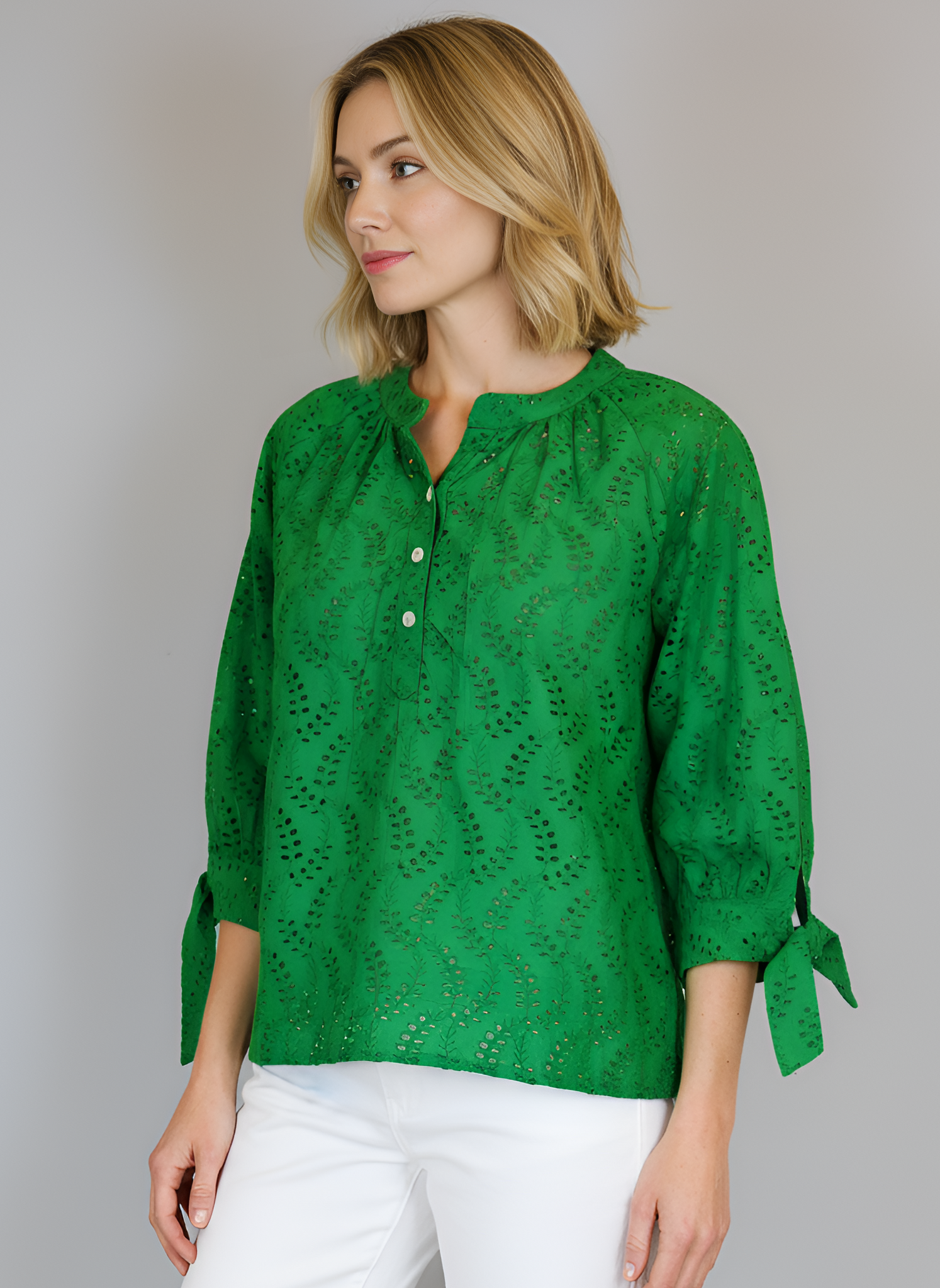 Margot Top With Tie Sleeves - Schiffli Eyelet- Green