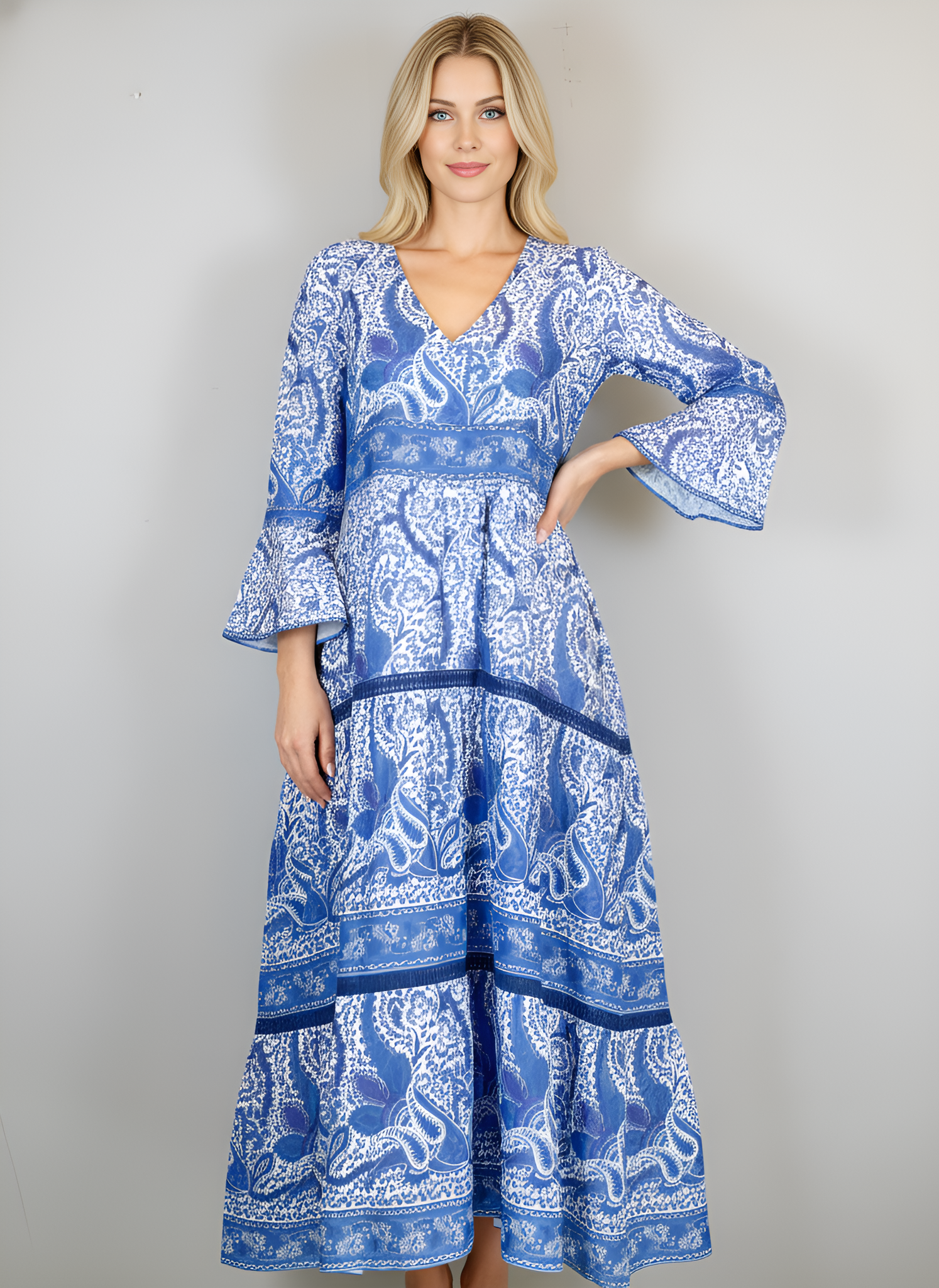 Water Mill Dress- Effervescent Paisley- White/Blue/Navy