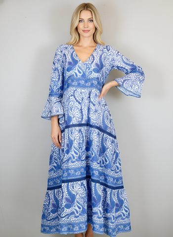 Water Mill Dress- Effervescent Paisley- White/Blue/Navy