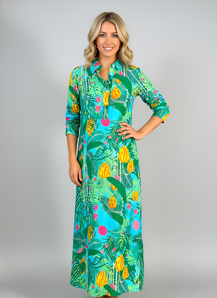Shirtdress Maxi Dress- Banana Jungle - Capri Turquoise