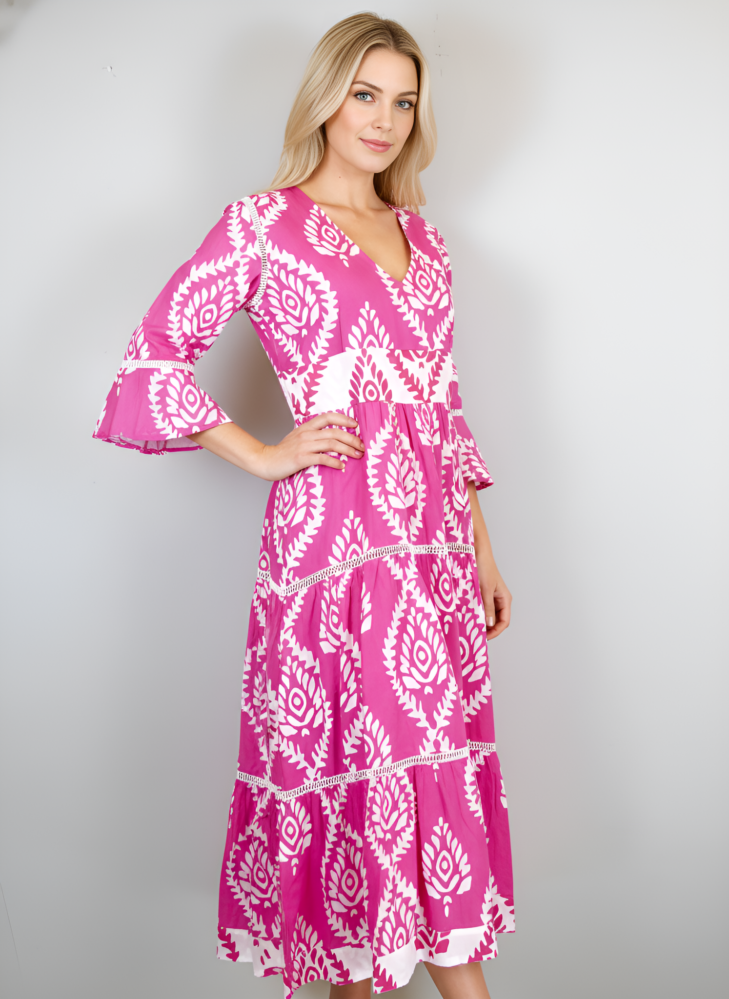 Water Mill Dress- Batik Leaf- Pink/White
