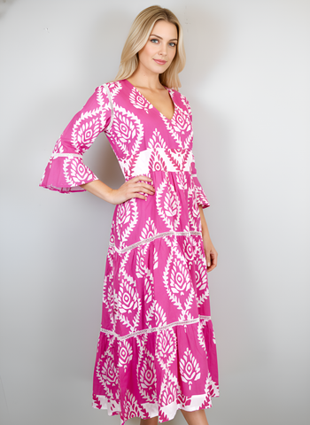 Water Mill Dress- Batik Leaf- Pink/White