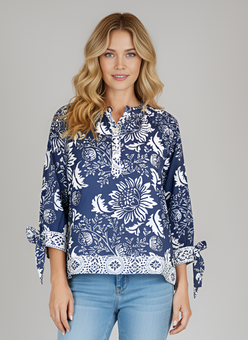 Margot Top With Tie Sleeves - Floral Dot - Navy/White