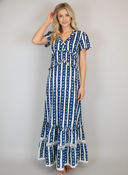Mallory Maxi Dress- Batik Stripes- Navy/White
