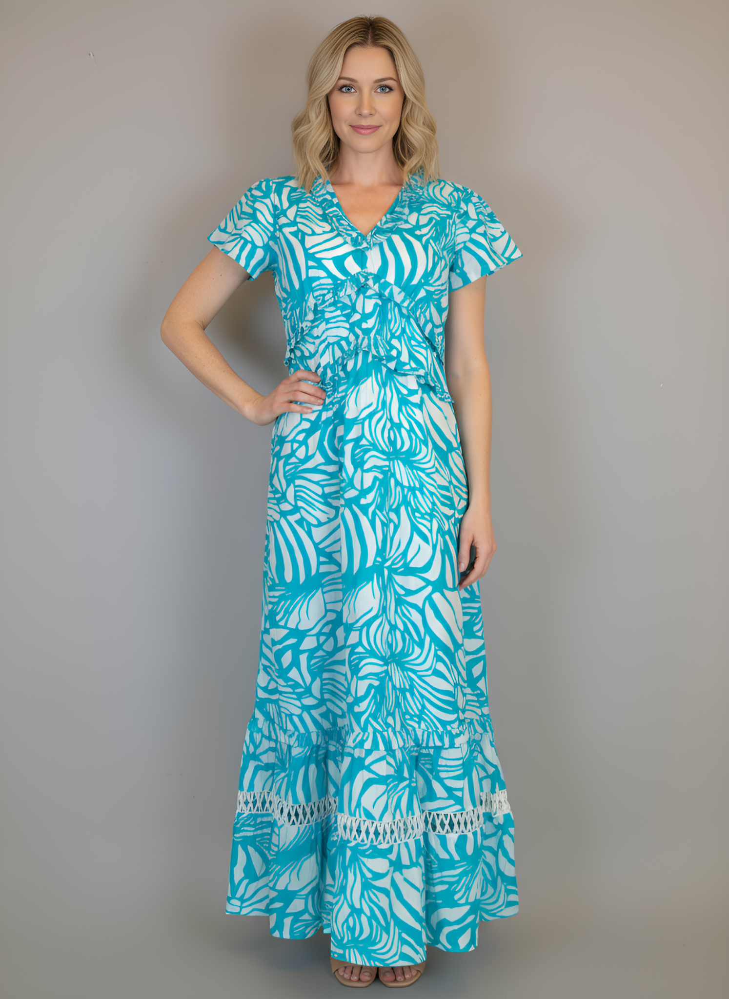 Mallory Maxi Dress- Abstract Floral - White/Capri Turquoise