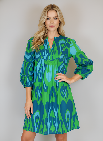 Jordan tunic dress - Ikat heart - Green/blues