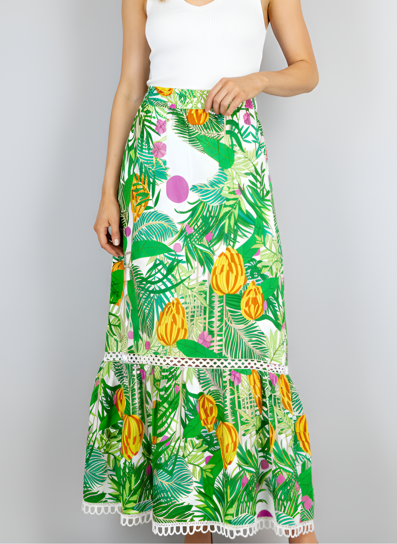 Hi-Lo Maxi Skirt - Banana Jungle - White