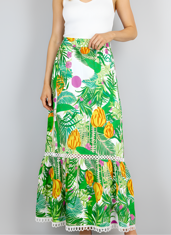 Hi-Lo Maxi Skirt - Banana Jungle - White