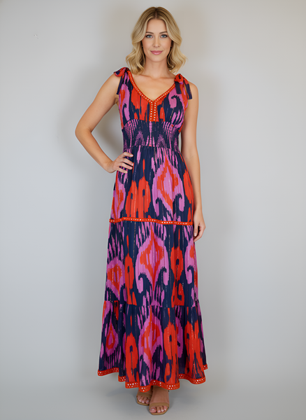 Beaufort Tie Top Maxi Dress - Ikat Chandelier - Navy/Red/Fuchsia Pink