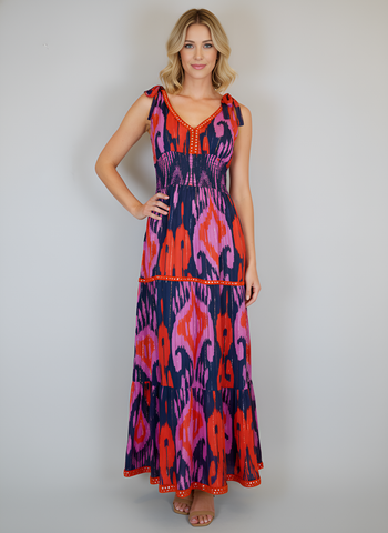 Beaufort Tie Top Maxi Dress - Ikat Chandelier - Navy/Red/Fuchsia Pink