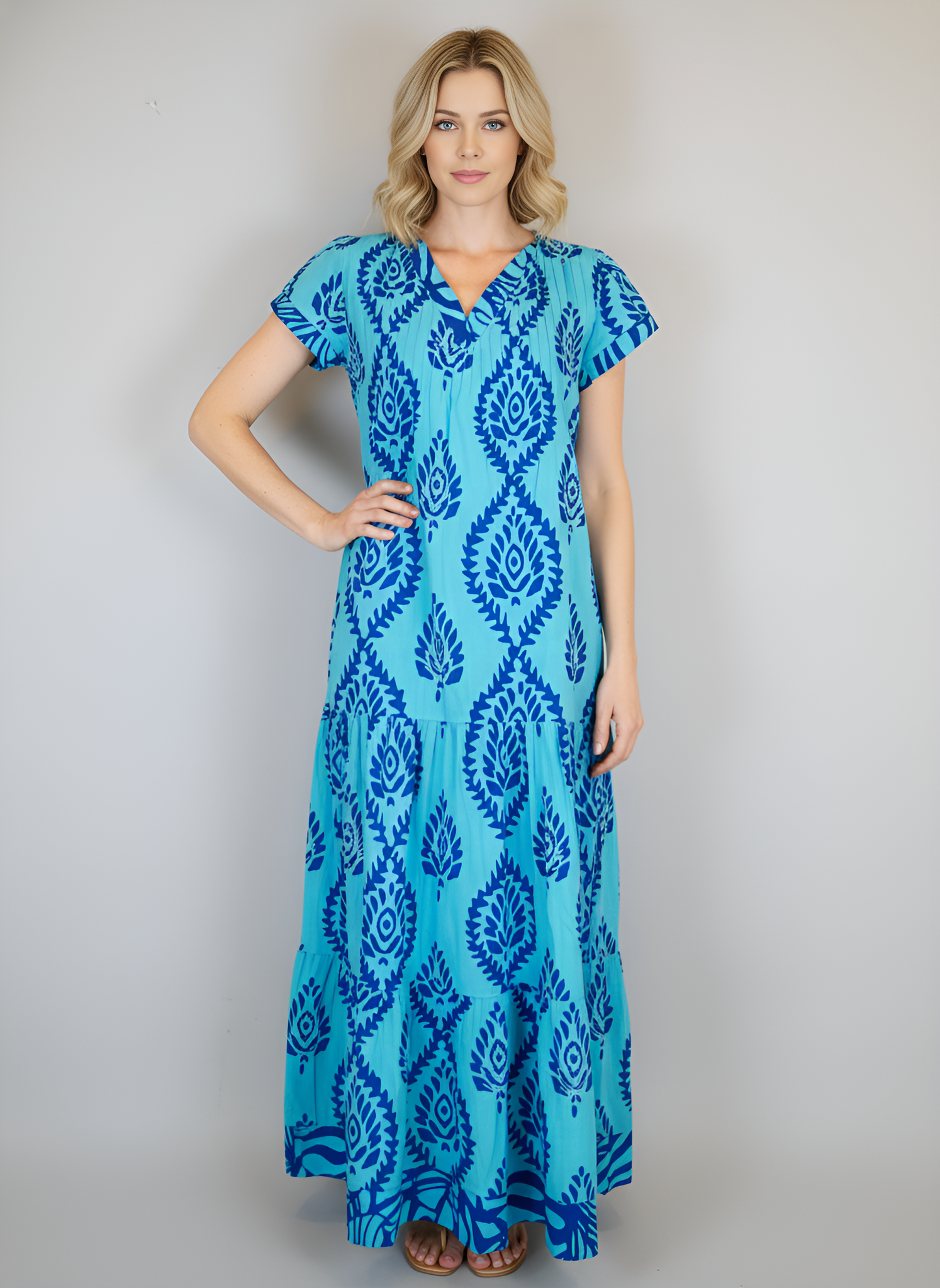 Bailey Maxi Dress - Batik Leaf - Blues(Surf/Capri)