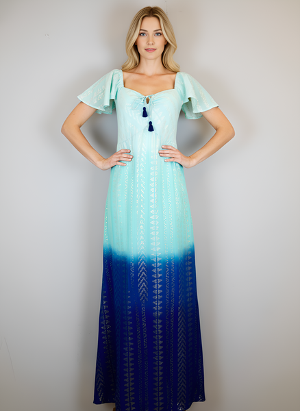 Aloha Maxi Dress - Ombre -	Ocean Tribal Gold Lurex