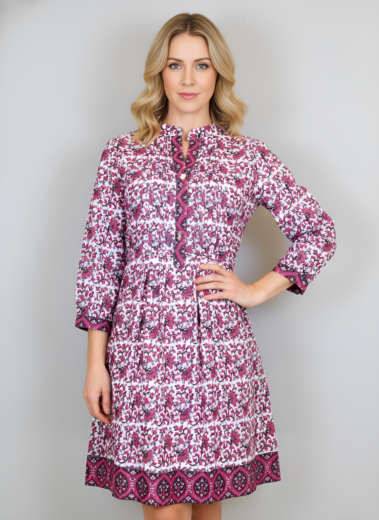 Maye Dress - Mini Floral Block White, Navy and Pink