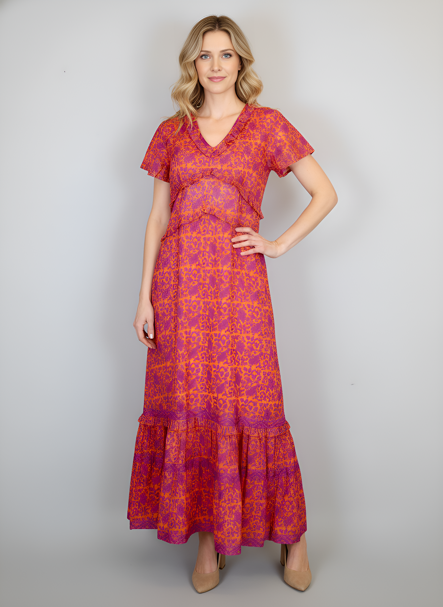 Mallory Maxi Dress - Floral Block Orange and Pinks