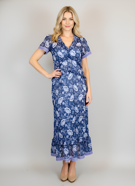 Mallory Midi Dress - Retro Floral Navy and Periwinkle