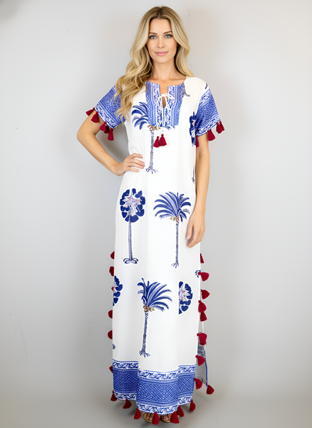 Maharani Maxi Dress - Palm Tree Block Print White and Blues