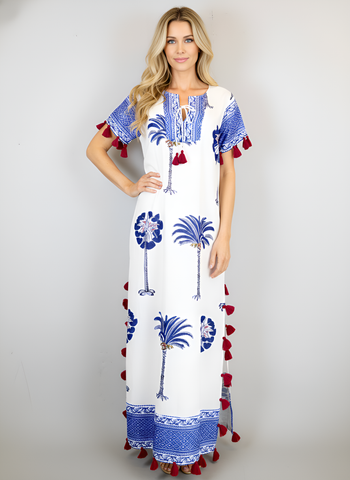 Maharani Maxi Dress - Palm Tree Block Print White and Blues
