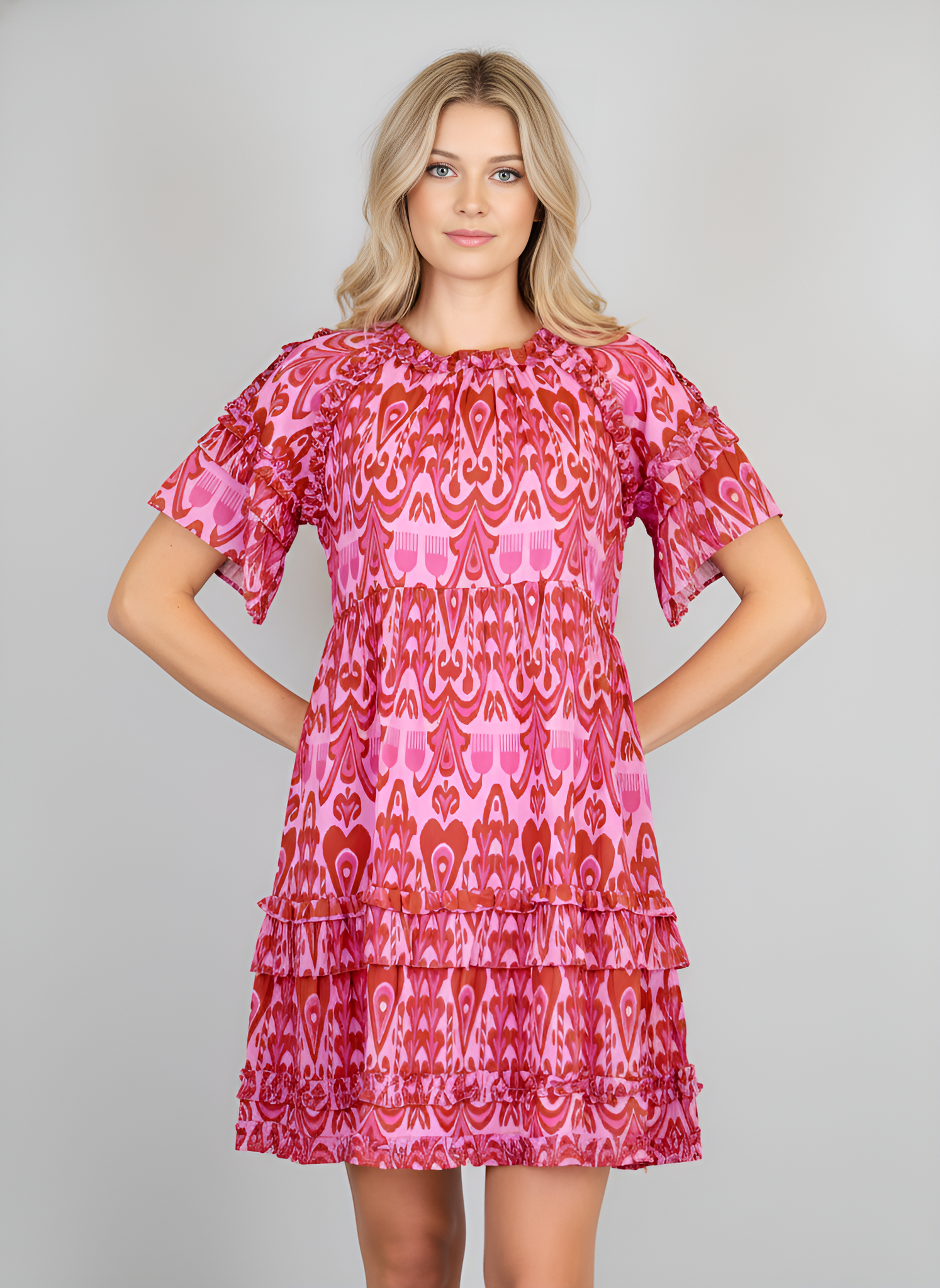 Ella Dress - Heart Ikat in Red and Pinks