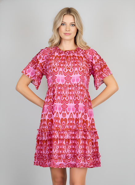 Ella Dress - Heart Ikat in Red and Pinks