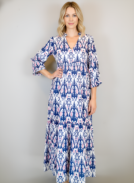 Claythorne Maxi Dress - Ikat White, Navy Blue with Pink