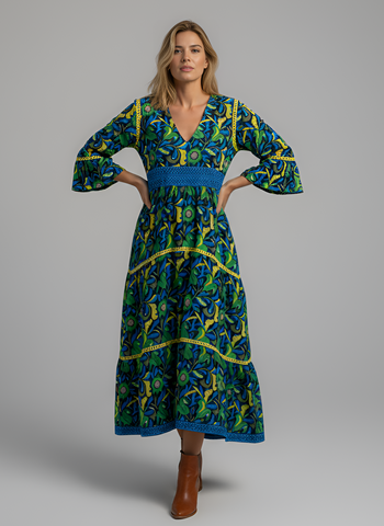 Water Mill Dress - Floral Block in Navy, Green