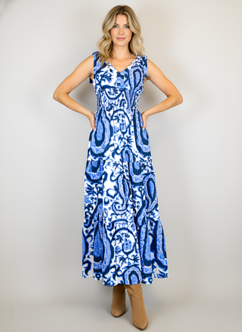 Beaufort Tie Top Maxi Dress - Vintage Paisley White, Navy Blue, Periwinkle