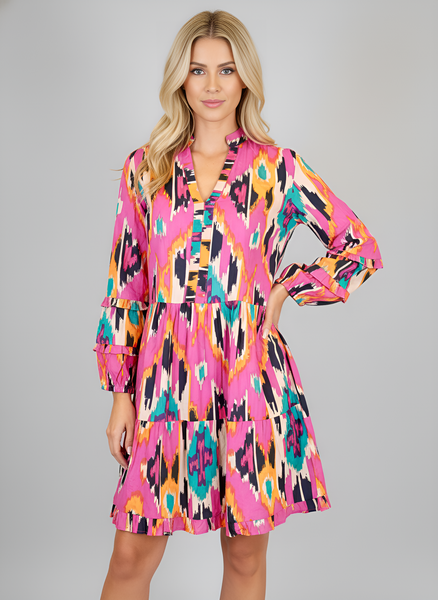 Alison Longsleeve Dress - Ikat Fuchsia Multi