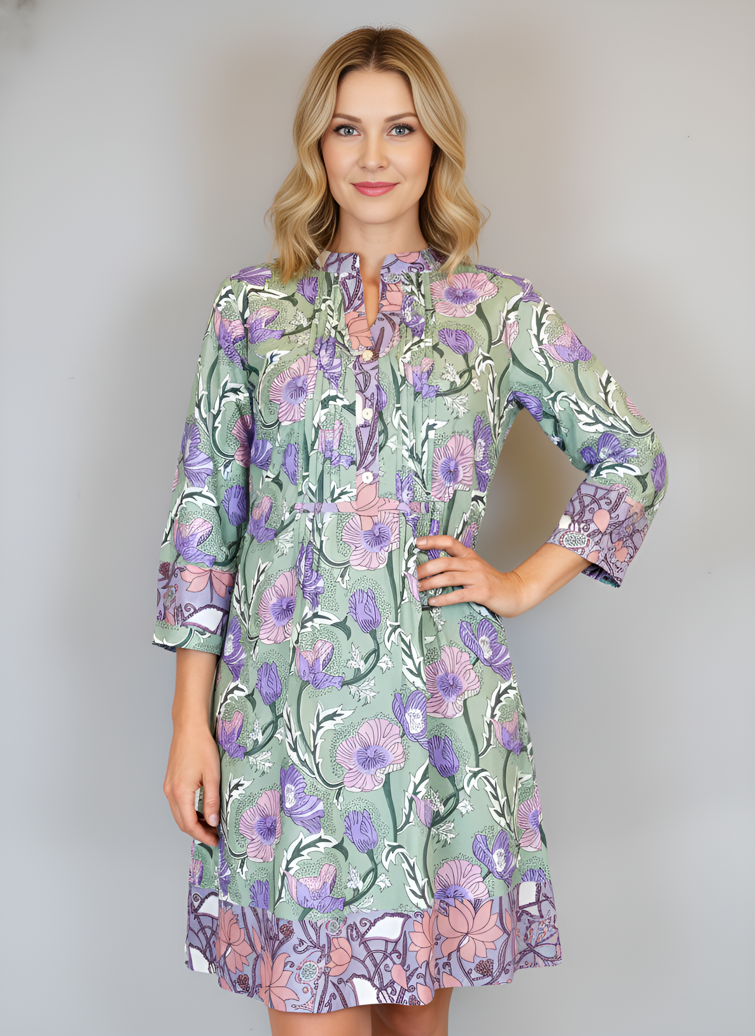 Maye Dress- Mix Block Print- Sage/ Pink