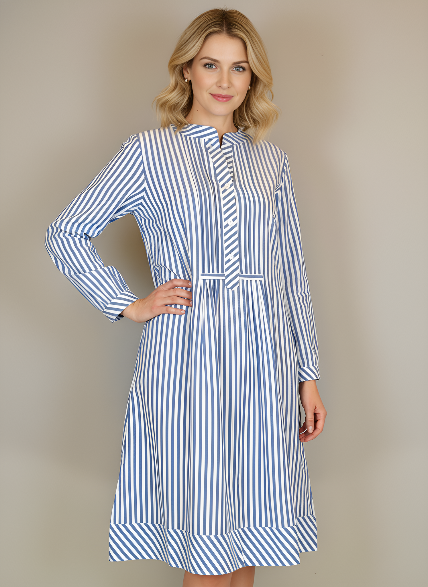Maye Dress- Shirting Stripes- White/Blue