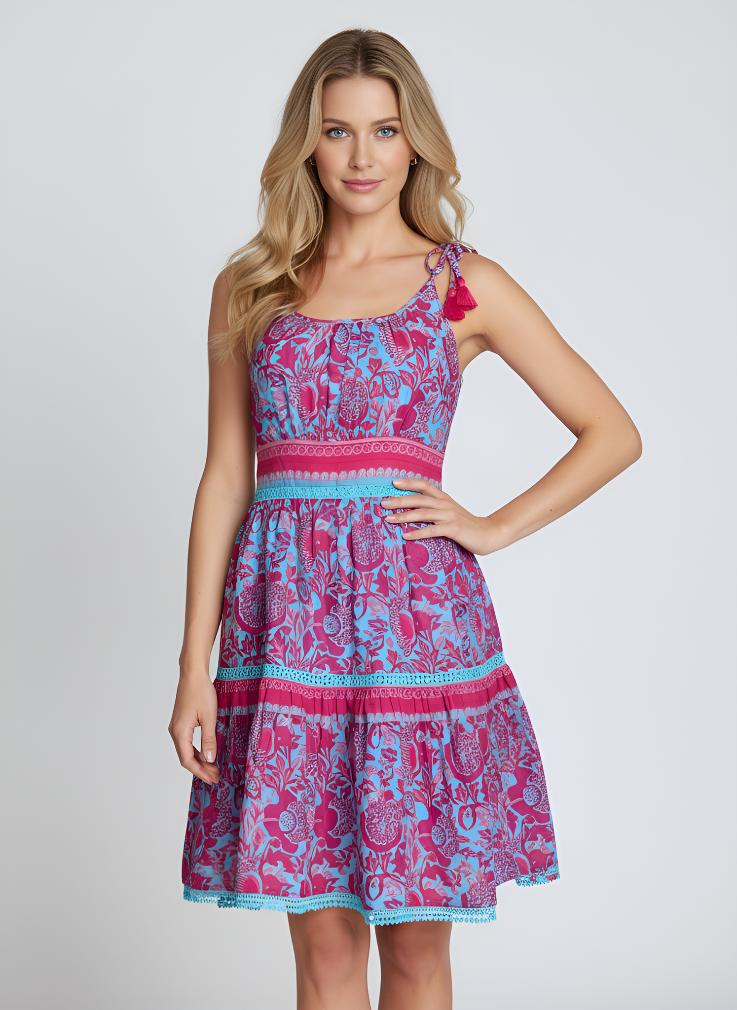 Edisto Dress - Floral Block - Sky Blue, Hot Pink and Coral