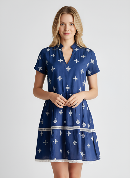 Alison Dress - Eyelet Schiffli - Navy and White