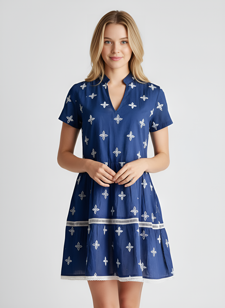 Alison Dress - Eyelet Schiffli - Navy and White