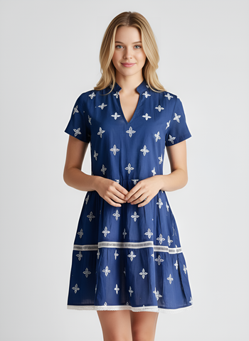 Alison Dress - Eyelet Schiffli - Navy and White