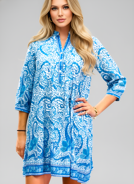 Maye Dress- Effervescent Paisley- White/Capri Turquoise