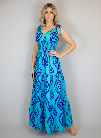 Beaufort Tie Top Maxi Dress - Batik Leaf - Surf/Capri