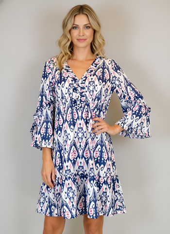 Meridian Dress in “Wing” Ikat White, Navy and Fuchsia