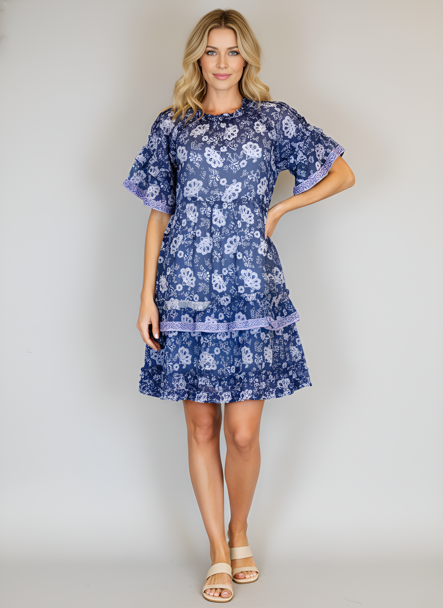 Ella Dress - Retro Floral Navy and Periwinkle