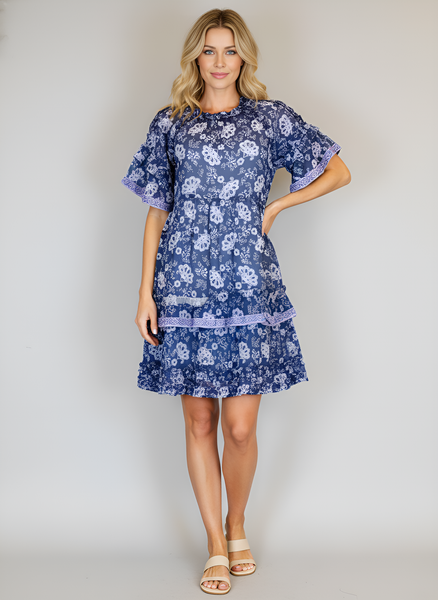 Ella Dress - Retro Floral Navy and Periwinkle