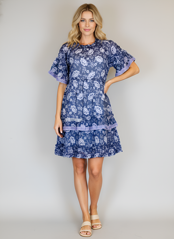 Ella Dress - Retro Floral Navy and Periwinkle