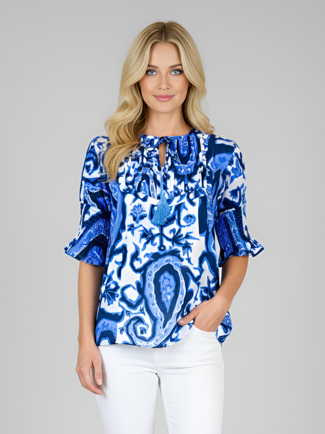 Celerie Top - Vintage Paisley in White, Navy Blue and Periwinkle