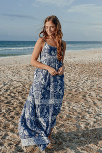 Palmetto Maxi Dress- Floral Dot - Navy/White
