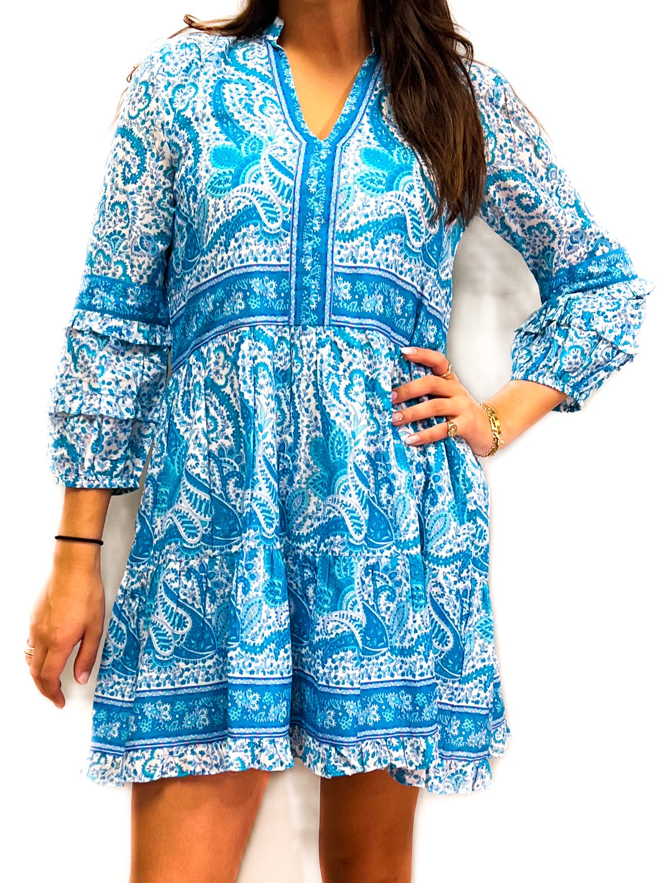Alison Longsleeve Dress - Effiervescent Paisley - White/Capri Turqoise