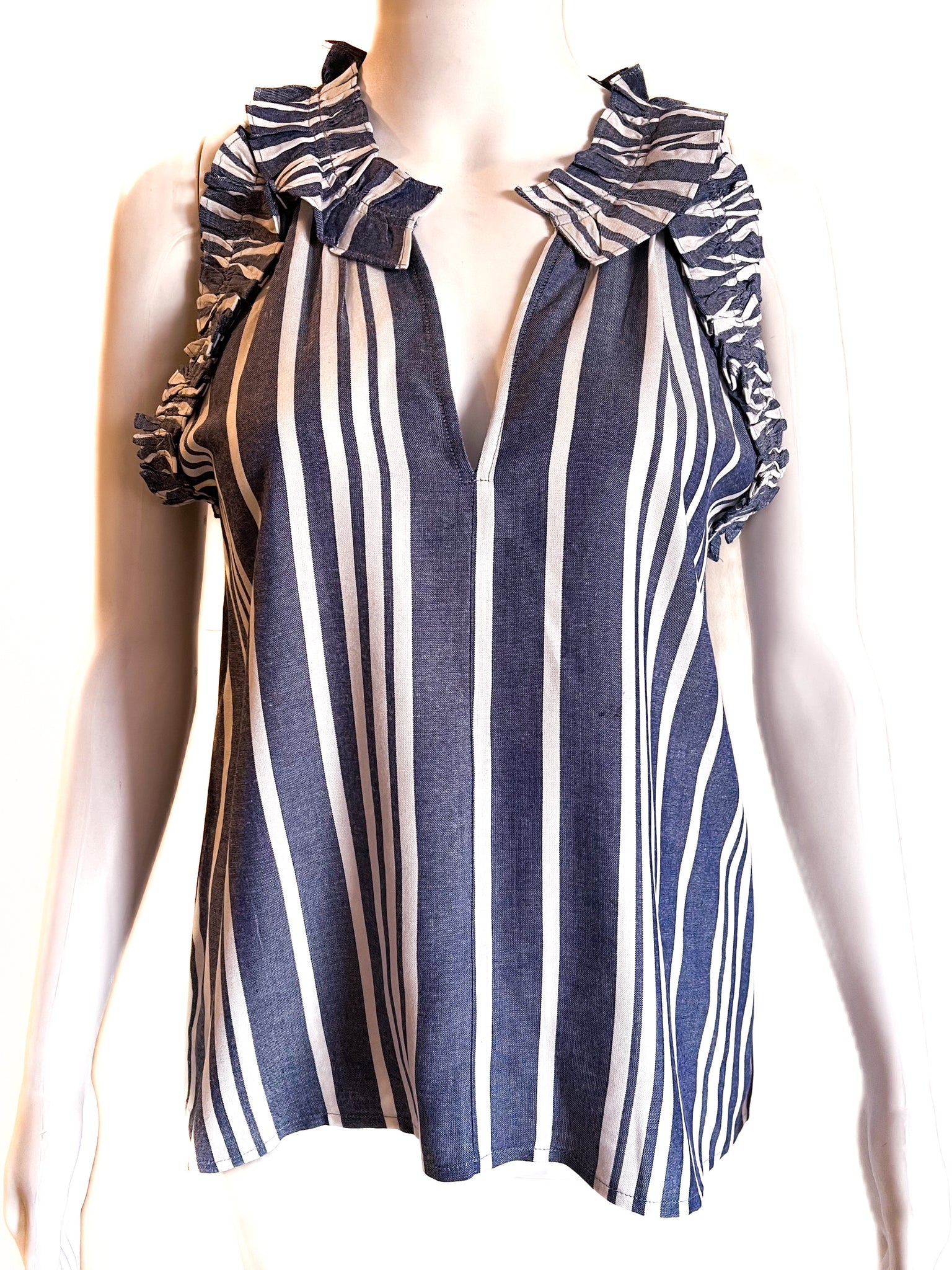 Butterfly Ruffle Top- Woven Stripes- Navy/White