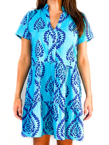 Alison Short Sleeve Dress - Batik Leaf - Blues(Surf/Capri)