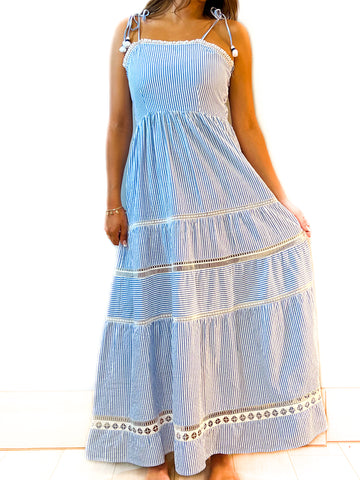 Beaufort Strappy Maxi Dress - Seersucker - Blue/White