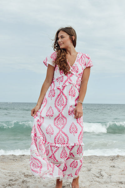 Mallory Maxi Dress - Batik Leaf- Pink/White