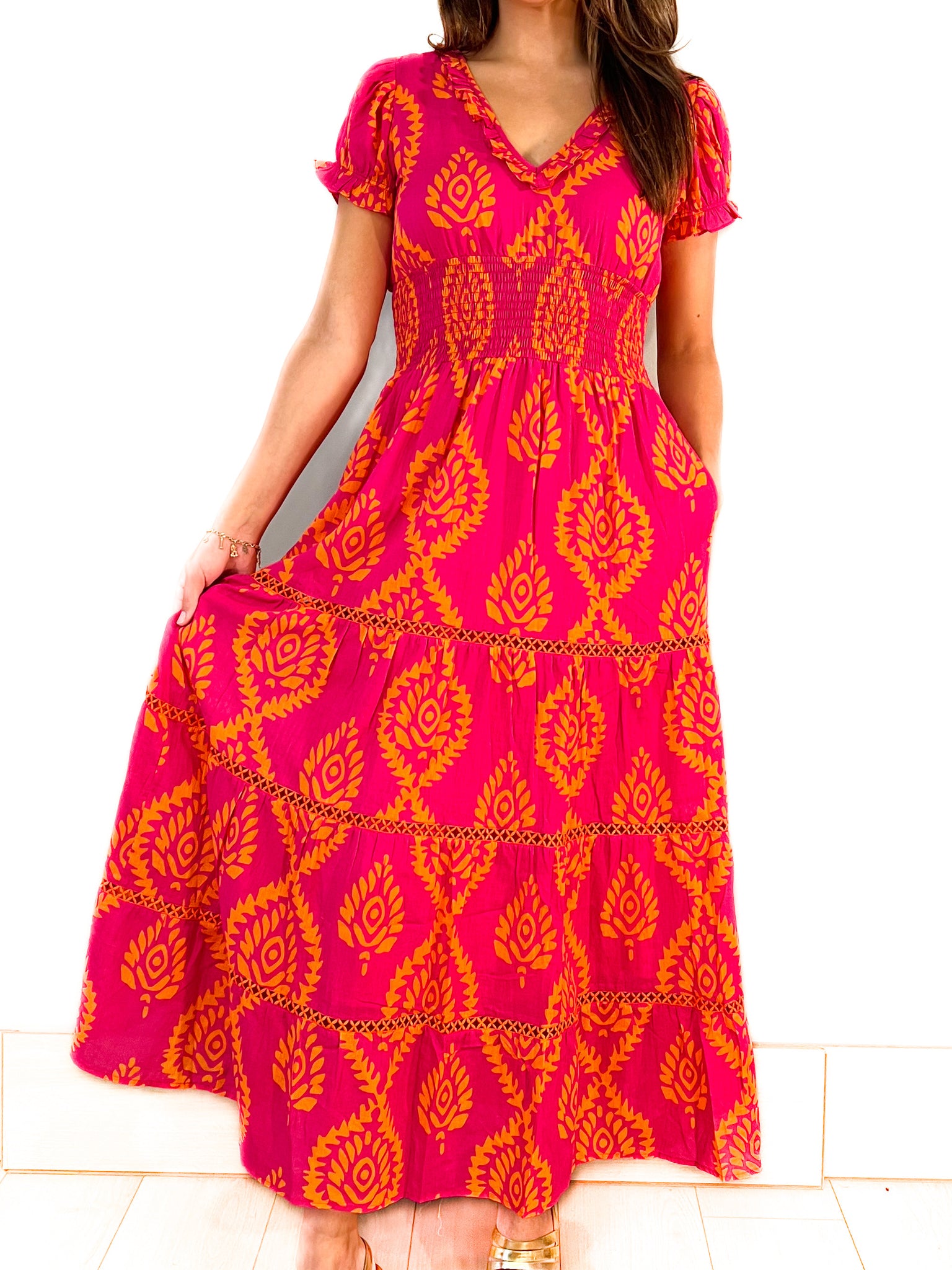 Beaufort Short Sleeve Maxi Dress - Batik Leaf - Pink/Orange