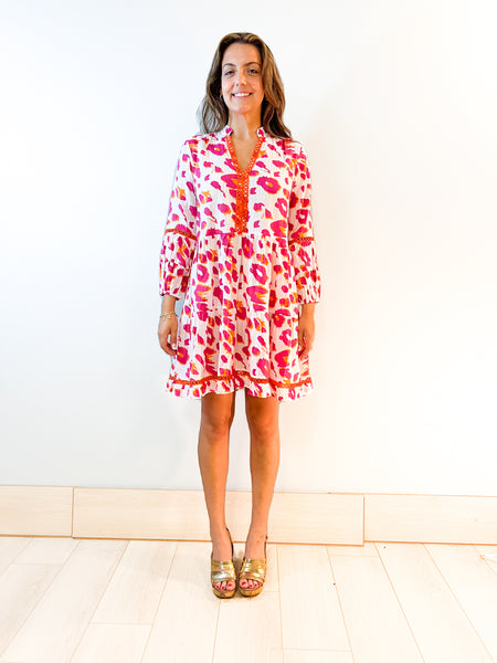 Alison Longsleeve Dress - Leopard - White/Pink/Orange