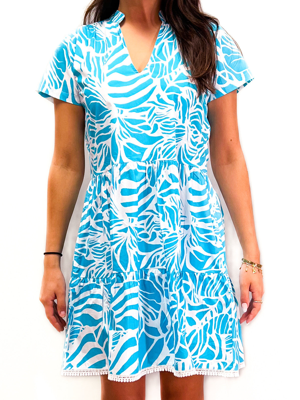 Alison Shortsleeve Dress - Abstract Floral - White/Capri Turquoise